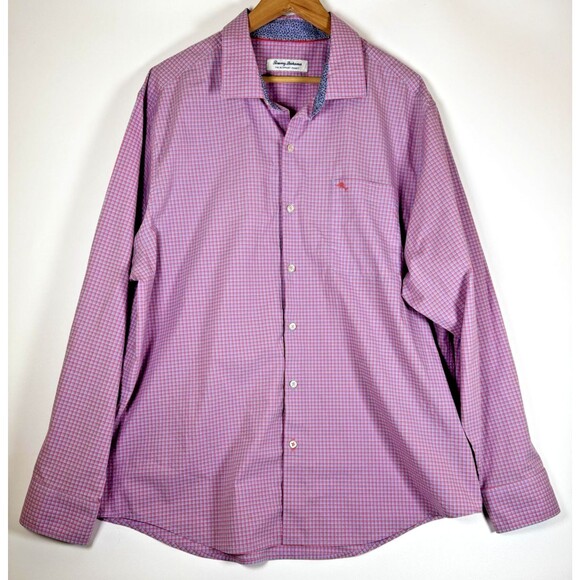 Tommy Bahama Shirt Mens XL Pink Blue Checked Newport Coast Button Up Pima Cotton - Picture 1 of 13